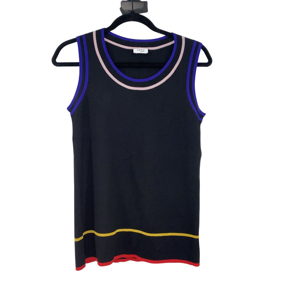 Akris Punto Size 10 Virgin Wool Round Neck Sleeveless Top Black Colorful Stripes